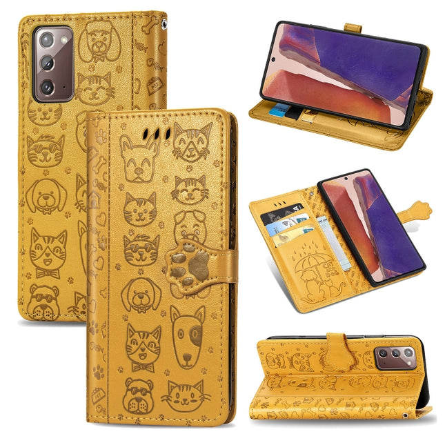 For Samsung Galaxy Note20 Ultra Cute Cat and Dog Embossed Horizontal Flip Leather Case with Bracket / Card Slot / Wallet / Lanyard(Yellow)-garmade.com