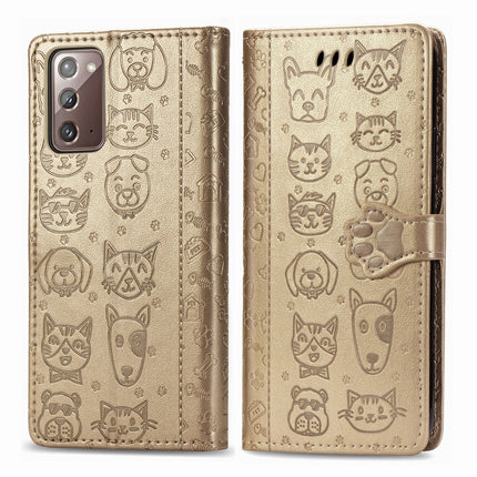 For Samsung Galaxy Note20 Ultra Cute Cat and Dog Embossed Horizontal Flip Leather Case with Bracket / Card Slot / Wallet / Lanyard(Gold)-garmade.com