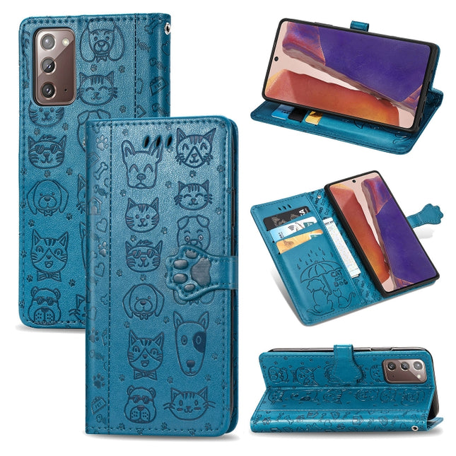 For Samsung Galaxy Note20 Ultra Cute Cat and Dog Embossed Horizontal Flip Leather Case with Bracket / Card Slot / Wallet / Lanyard(Blue)-garmade.com