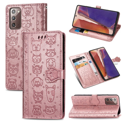 For Samsung Galaxy Note20 Ultra Cute Cat and Dog Embossed Horizontal Flip Leather Case with Bracket / Card Slot / Wallet / Lanyard(Rose Gold)-garmade.com