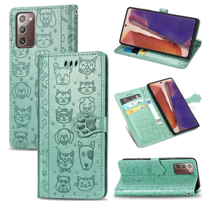 For Samsung Galaxy Note20 Ultra Cute Cat and Dog Embossed Horizontal Flip Leather Case with Bracket / Card Slot / Wallet / Lanyard(Green)-garmade.com