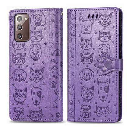 For Samsung Galaxy Note20 Ultra Cute Cat and Dog Embossed Horizontal Flip Leather Case with Bracket / Card Slot / Wallet / Lanyard(Purple)-garmade.com