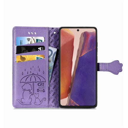 For Samsung Galaxy Note20 Ultra Cute Cat and Dog Embossed Horizontal Flip Leather Case with Bracket / Card Slot / Wallet / Lanyard(Purple)-garmade.com