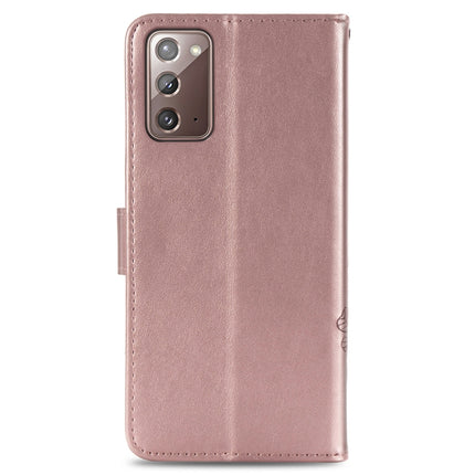 For Samsung Galaxy Note20 Four-leaf Clasp Embossed Buckle Mobile Phone Protection Leather Case with Lanyard & Card Slot & Wallet & Bracket Function(Rose Gold)-garmade.com