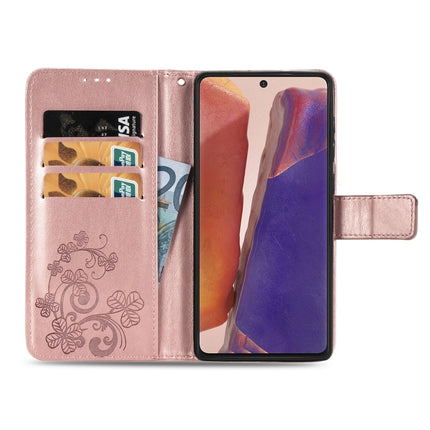 For Samsung Galaxy Note20 Four-leaf Clasp Embossed Buckle Mobile Phone Protection Leather Case with Lanyard & Card Slot & Wallet & Bracket Function(Rose Gold)-garmade.com