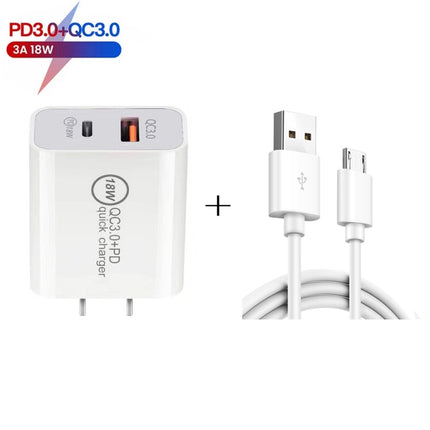 SDC-18W 18W PD + QC 3.0 USB Dual Fast Charging Universal Travel Charger with Micro USB Fast Charging Data Cable, US Plug-garmade.com