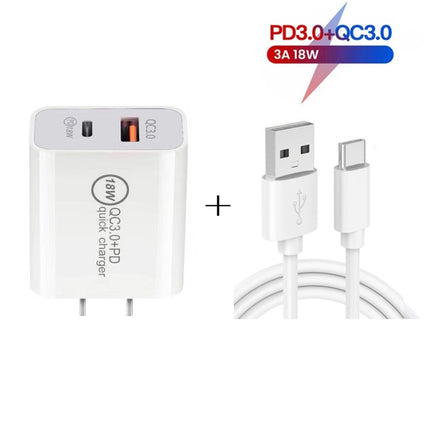SDC-18W 18W PD 3.0 Type-C / USB-C + QC 3.0 USB Dual Fast Charging Universal Travel Charger with USB to Type-C / USB-C Fast Charging Data Cable, US Plug-garmade.com