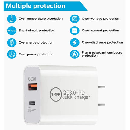 SDC-18W 18W PD 3.0 Type-C / USB-C + QC 3.0 USB Dual Fast Charging Universal Travel Charger with USB to 8 Pin Fast Charging Data Cable, US Plug-garmade.com