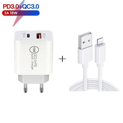 SDC-18W 18W PD 3.0 Type-C / USB-C + QC 3.0 USB Dual Fast Charging Universal Travel Charger with USB to 8 Pin Fast Charging Data Cable, EU Plug-garmade.com