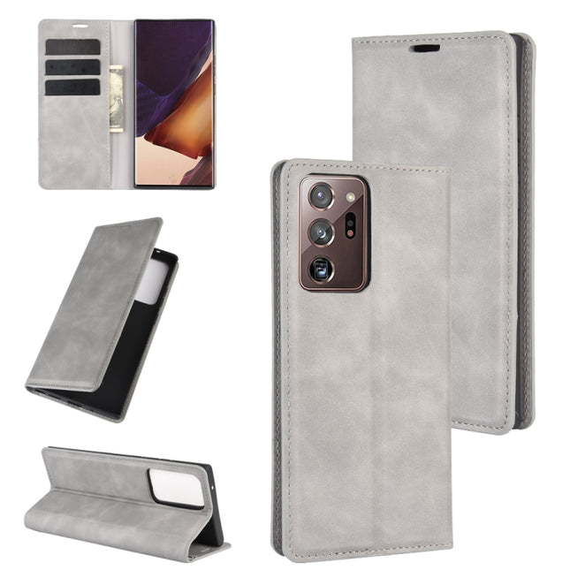 For Samsung Galaxy Note20 Ultra Retro-skin Business Magnetic Suction Leather Case with Holder & Card Slots & Wallet(Grey)-garmade.com