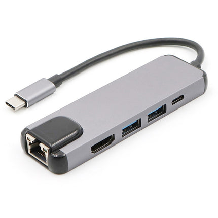 USB-C/Type-C to HD 4K HDMI + RJ45 + USB 3.0 + USB 2.0 + PD 5 in 1 HUB Converter-garmade.com