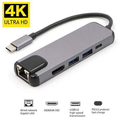USB-C/Type-C to HD 4K HDMI + RJ45 + USB 3.0 + USB 2.0 + PD 5 in 1 HUB Converter-garmade.com