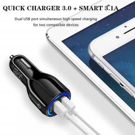 Qc3.0 Dual USB Car Charger + 8 Pin Fast Charging Line Car Charging Kit(Black)-garmade.com