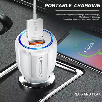 Qc3.0 Dual USB Car Charger + 8 Pin Fast Charging Line Car Charging Kit(White)-garmade.com