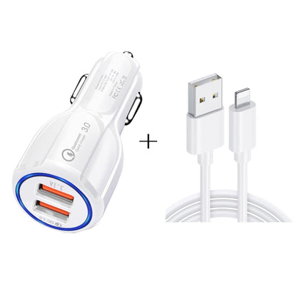 Qc3.0 Dual USB Car Charger + 8 Pin Fast Charging Line Car Charging Kit(White)-garmade.com