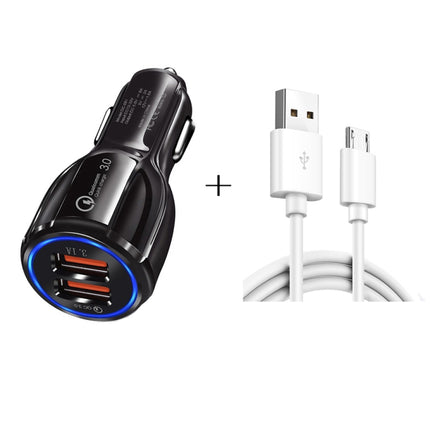 Qc3.0 Dual USB Car Charger + Micro USB Fast Charging Cable Car Charging Kit(Black)-garmade.com
