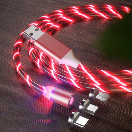3 in 1 USB to 8 Pin + Type-C / USB-C + Micro USB Magnetic Absorption Colorful Streamer Charging Cable, Length: 1m(Red Light)-garmade.com
