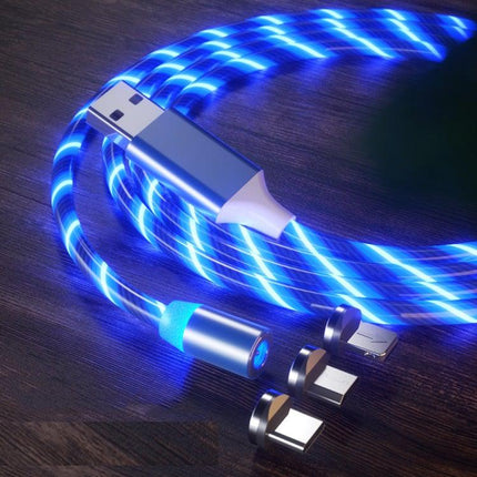 3 in 1 USB to 8 Pin + Type-C / USB-C + Micro USB Magnetic Absorption Colorful Streamer Charging Cable, Length: 1m(Blue Light)-garmade.com