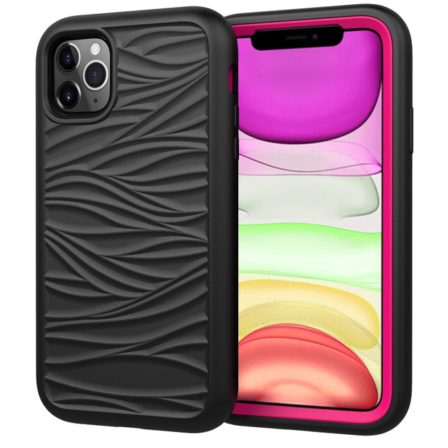 For iPhone 11 Pro Wave Pattern 3 in 1 Silicone+PC Shockproof Protective Case(Black+Hot Pink)-garmade.com