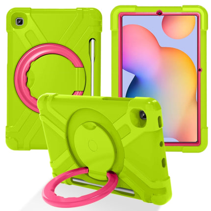 For Samsung Galaxy Tab S6 Lite P610 PC + Silicone Shockproof Combination Case with 360 Degree Rotating Holder & Handle & Pen Slot(Glass Green + Rose Red)-garmade.com
