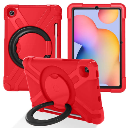 For Samsung Galaxy Tab S6 Lite P610 PC + Silicone Shockproof Combination Case with 360 Degree Rotating Holder & Handle & Pen Slot(Red + Black)-garmade.com