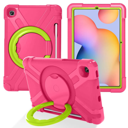 For Samsung Galaxy Tab S6 Lite P610 PC + Silicone Shockproof Combination Case with 360 Degree Rotating Holder & Handle & Pen Slot(Rose Red + Grass Green)-garmade.com