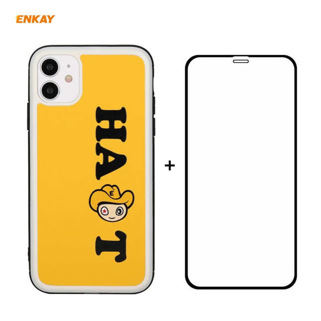 For iPhone 11 Hat-Prince ENKAY ENK-PC0462 Cartoon Series PU Leather + PC Hard Slim Case Shockproof Cover ＆ 0.26mm 9H 2.5D Full Glue Full Coverage Tempered Glass Protector Film(Yellow)-garmade.com