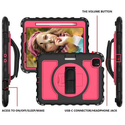 For iPad Air 2022 / 2020 10.9 360 Degree Rotation PC + Silicone Shockproof Combination Case with Holder & Hand Grip Strap & Neck Strap & Pen Slot Holder(Black+Hot Pink)-garmade.com