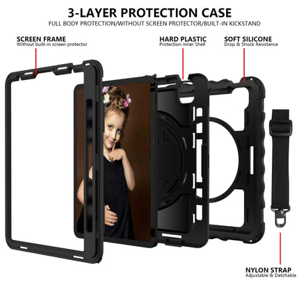For iPad Air 2022 / 2020 10.9 360 Degree Rotation PC + Silicone Shockproof Combination Case with Holder & Hand Grip Strap & Neck Strap & Pen Slot Holder(Black)-garmade.com