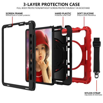 For iPad Air 2022 / 2020 10.9 360 Degree Rotation PC + Silicone Shockproof Combination Case with Holder & Hand Grip Strap & Neck Strap & Pen Slot Holder(Red)-garmade.com
