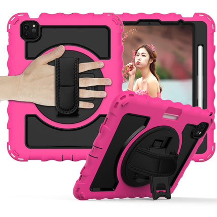 For iPad Air 2022 / 2020 10.9 360 Degree Rotation PC + Silicone Shockproof Combination Case with Holder & Hand Grip Strap & Neck Strap & Pen Slot Holder(Hot Pink)-garmade.com