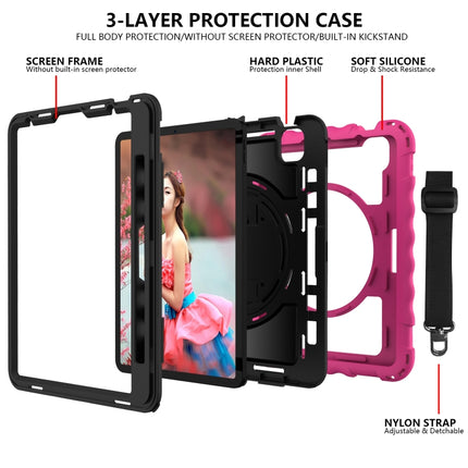 For iPad Air 2022 / 2020 10.9 360 Degree Rotation PC + Silicone Shockproof Combination Case with Holder & Hand Grip Strap & Neck Strap & Pen Slot Holder(Hot Pink)-garmade.com