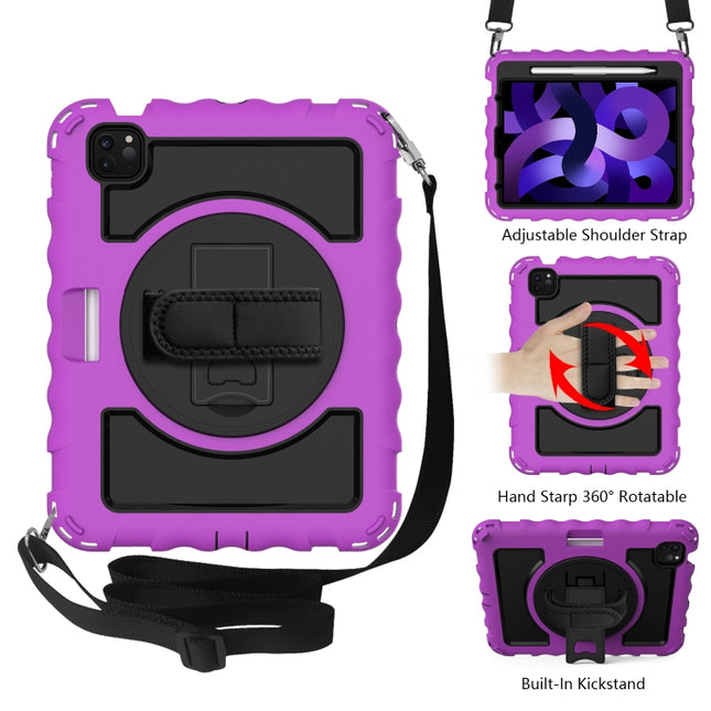 For iPad Air 2022 / 2020 10.9 360 Degree Rotation PC + Silicone Shockproof Combination Case with Holder & Hand Grip Strap & Neck Strap & Pen Slot Holder(Purple)-garmade.com