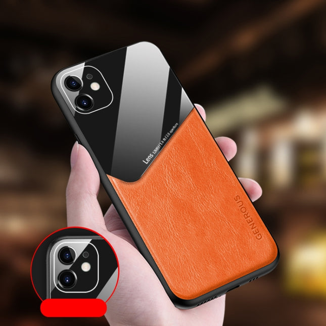 For iPhone 12 mini All-inclusive Leather + Organic Glass Phone Case with Metal Iron Sheet(Orange)-garmade.com