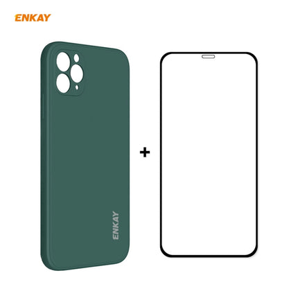 For iPhone 11 Pro Max Hat-Prince ENKAY ENK-PC0662 Liquid Silicone Straight Edge Shockproof Protective Case + 0.26mm 9H 2.5D Full Glue Full Coverage Tempered Glass Protector Film(Dark Green)-garmade.com