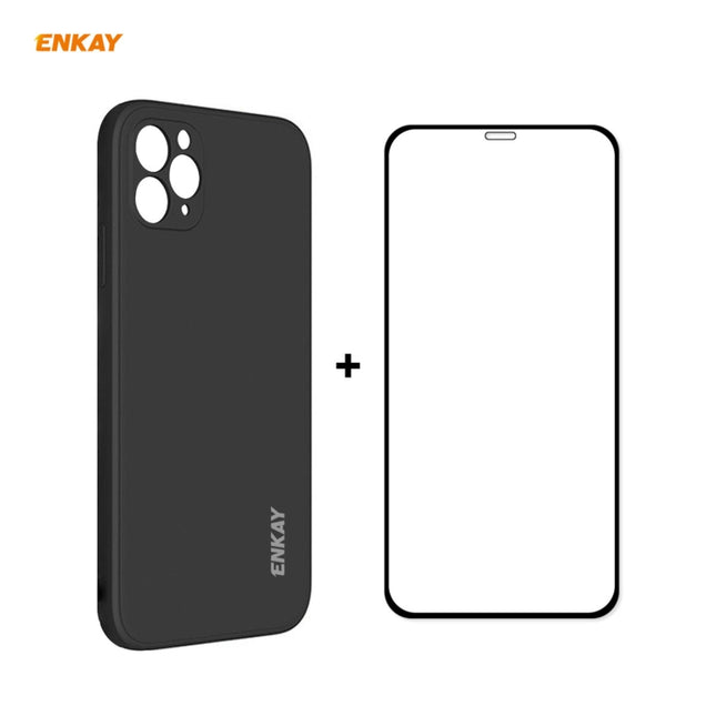 For iPhone 11 Pro Max Hat-Prince ENKAY ENK-PC0662 Liquid Silicone Straight Edge Shockproof Protective Case + 0.26mm 9H 2.5D Full Glue Full Coverage Tempered Glass Protector Film(Black)-garmade.com