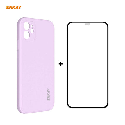 For iPhone 12 Hat-Prince ENKAY ENK-PC0682 Liquid Silicone Straight Edge Shockproof Case + 0.26mm 9H 2.5D Full Glue Tempered Glass Film(Purple)-garmade.com