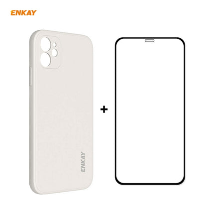 For iPhone 12 Hat-Prince ENKAY ENK-PC0682 Liquid Silicone Straight Edge Shockproof Case + 0.26mm 9H 2.5D Full Glue Tempered Glass Film(Beige)-garmade.com