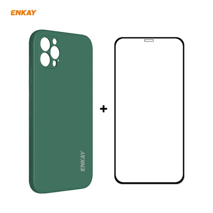 For iPhone 12 Pro Hat-Prince ENKAY ENK-PC0692 Liquid Silicone Straight Edge Shockproof Case + 0.26mm 9H 2.5D Full Glue Tempered Glass Film(Dark Green)-garmade.com