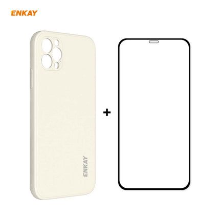 For iPhone 12 Pro Hat-Prince ENKAY ENK-PC0692 Liquid Silicone Straight Edge Shockproof Case + 0.26mm 9H 2.5D Full Glue Tempered Glass Film(Beige)-garmade.com