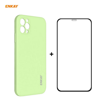 For iPhone 12 Pro Hat-Prince ENKAY ENK-PC0692 Liquid Silicone Straight Edge Shockproof Case + 0.26mm 9H 2.5D Full Glue Tempered Glass Film(Light Green)-garmade.com