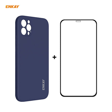 For iPhone 12 Pro Max Hat-Prince ENKAY ENK-PC0702 Liquid Silicone Straight Edge Shockproof Case + 0.26mm 9H 2.5D Full Glue Tempered Glass Film(Dark Blue)-garmade.com