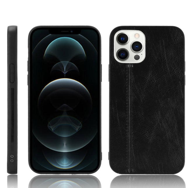 Shockproof Sewing Cow Pattern Skin PC + PU + TPU Case For iPhone 12 / 12 Pro(Black)-garmade.com