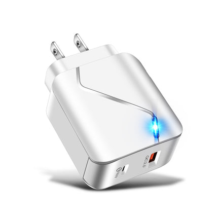 LZ-819A+C QC3.0 USB + PD 18W USB-C / Type-C Interfaces Travel Charger with Indicator Light, US Plug(White)-garmade.com
