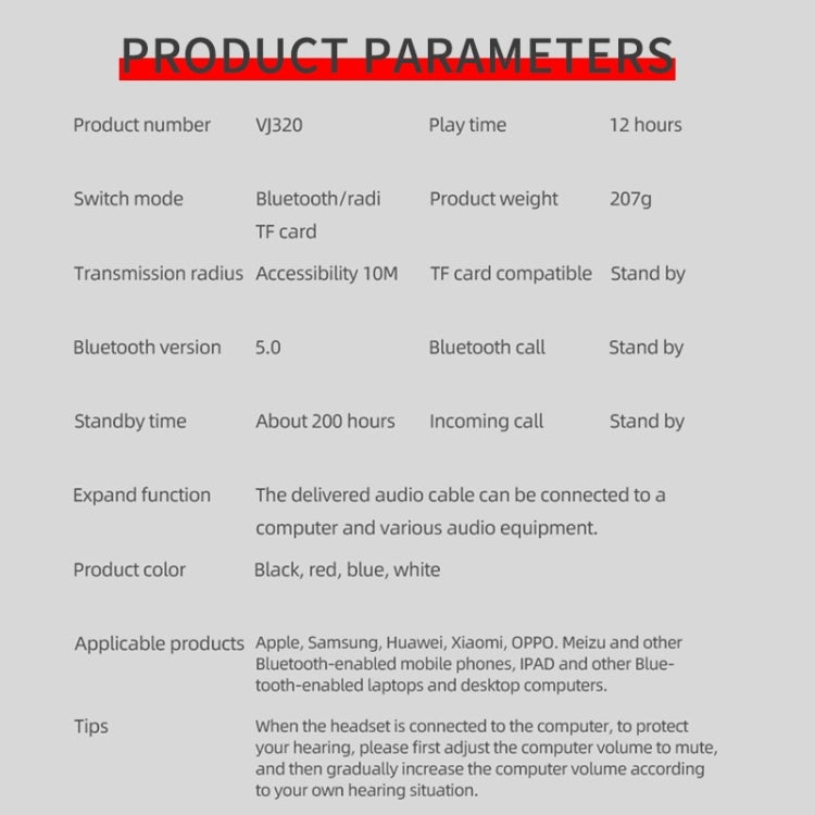 VJ320 Bluetooth 5.0 Head-mounted Foldable Wireless Headphones Support TF Card with Mic(Black)-garmade.com