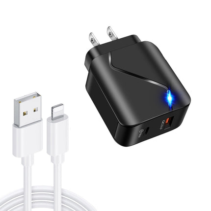 LZ-819A+C 18W QC3.0 USB + PD USB-C / Type-C Interface Travel Charger with Indicator Light + USB to 8 Pin Fast Charging Data Cable Set, US Plug(Black)-garmade.com