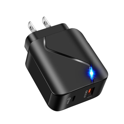 LZ-819A+C 18W QC3.0 USB + PD USB-C / Type-C Interface Travel Charger with Indicator Light + USB to 8 Pin Fast Charging Data Cable Set, US Plug(Black)-garmade.com