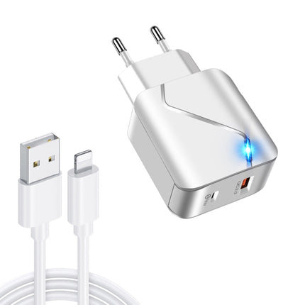 LZ-819A+C 18W QC3.0 USB + PD USB-C / Type-C Interface Travel Charger with Indicator Light + USB to 8 Pin Fast Charging Data Cable Set, EU Plug(White)-garmade.com