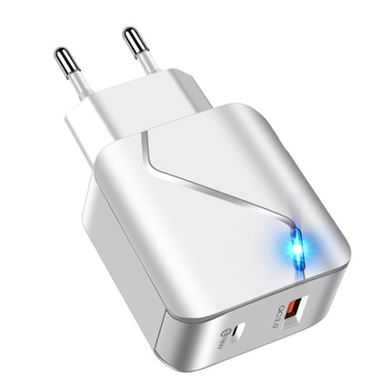 LZ-819A+C 18W QC3.0 USB + PD USB-C / Type-C Interface Travel Charger with Indicator Light + USB to 8 Pin Fast Charging Data Cable Set, EU Plug(White)-garmade.com