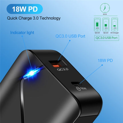 LZ-819A+C 18W QC3.0 USB + PD USB-C / Type-C Interface Travel Charger with Indicator Light + USB to 8 Pin Fast Charging Data Cable Set, EU Plug(Black)-garmade.com